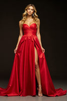 Load image into Gallery viewer, Red Sweetheart A Line Long Satin Prom Dress with Slit