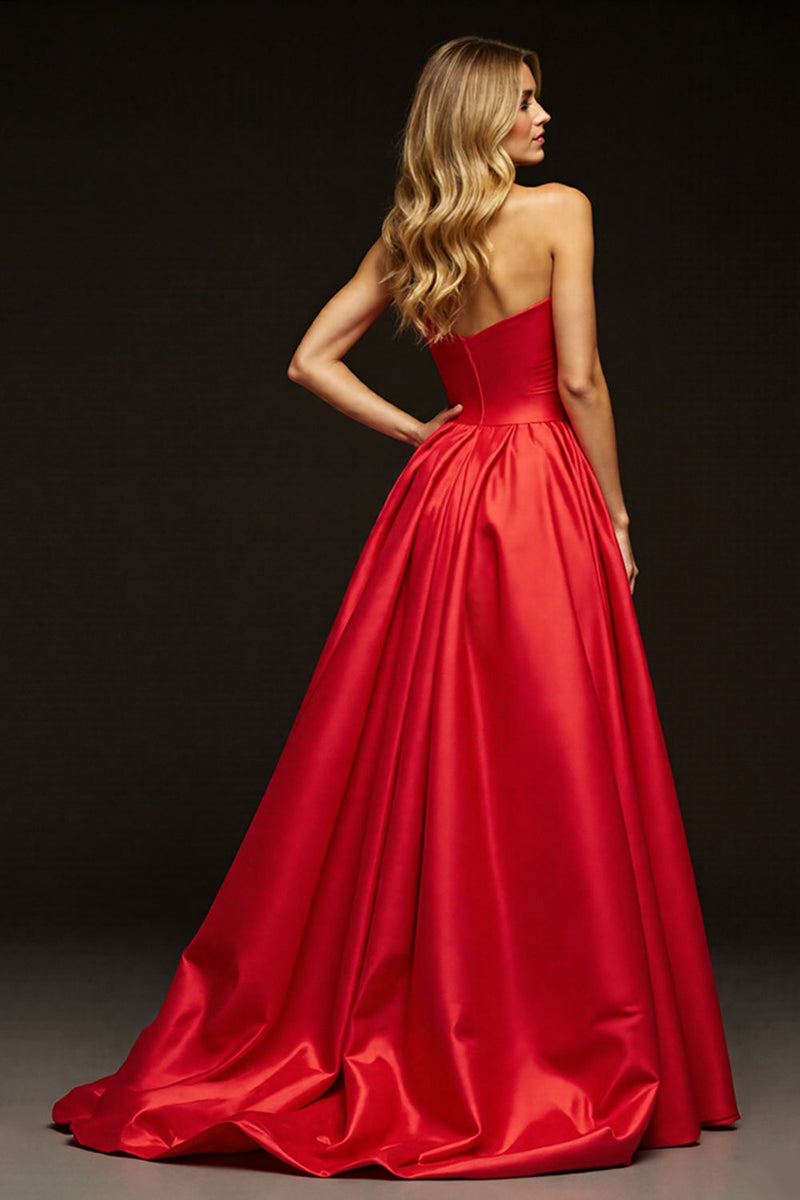 Load image into Gallery viewer, Red Sweetheart A Line Long Satin Prom Dress with Slit