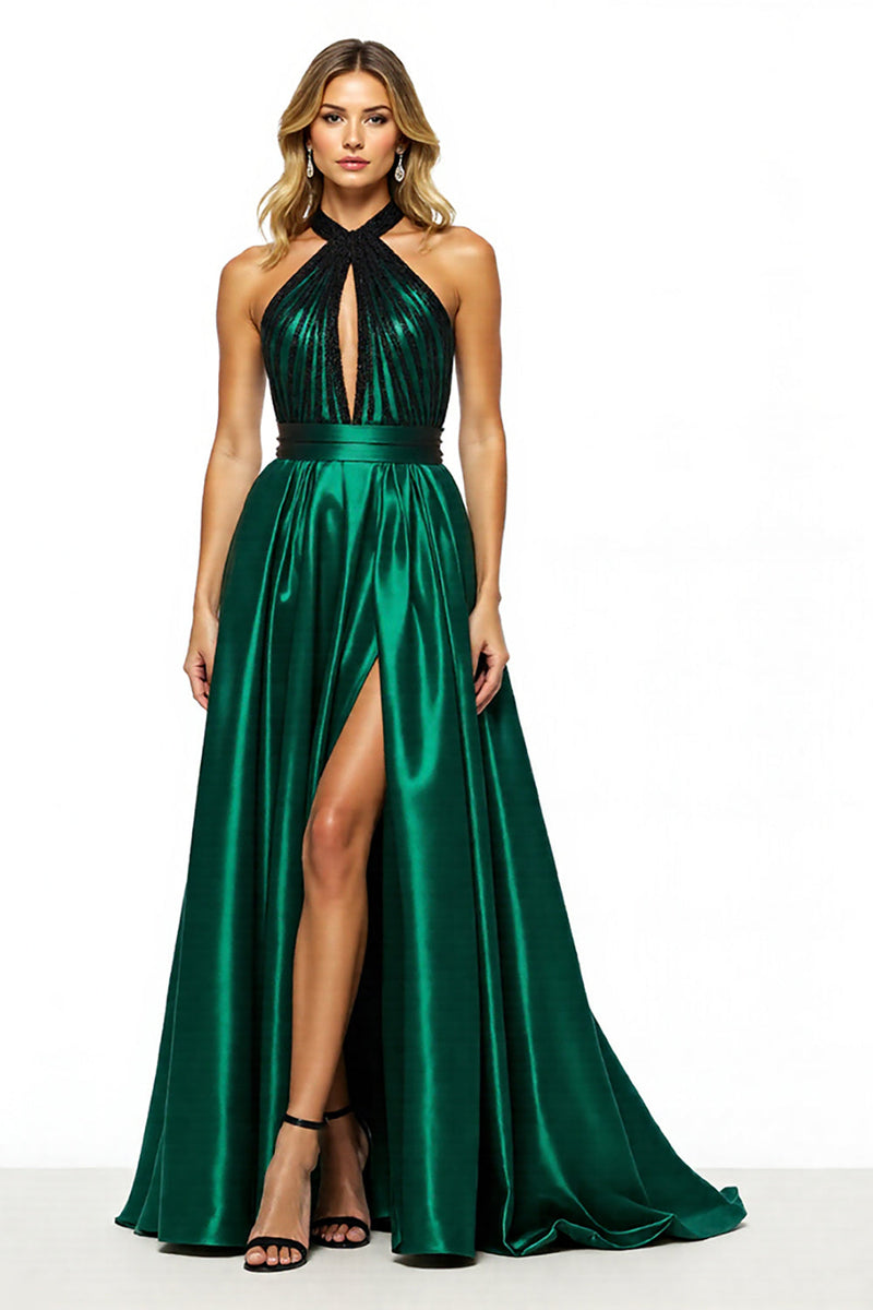 Load image into Gallery viewer, Dark Green Keyhole A Line Halter Long Satin Prom Dress with Slit