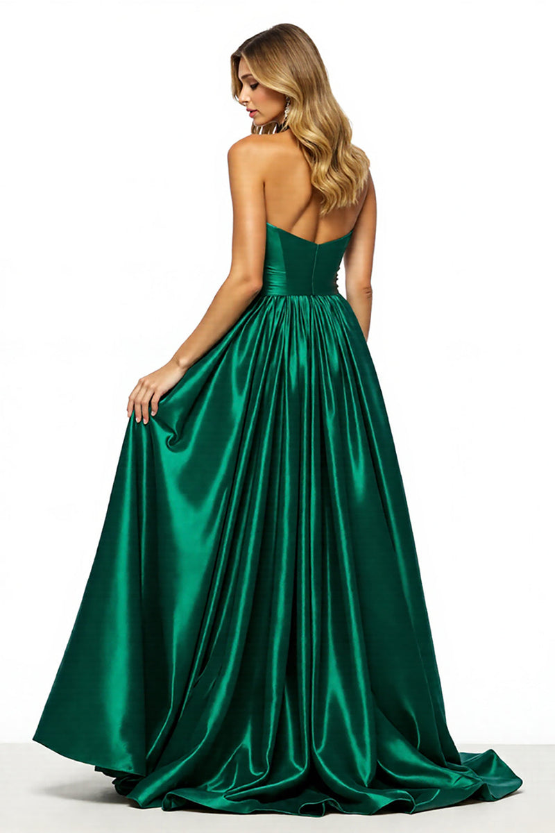 Load image into Gallery viewer, Dark Green Keyhole A Line Halter Long Satin Prom Dress with Slit