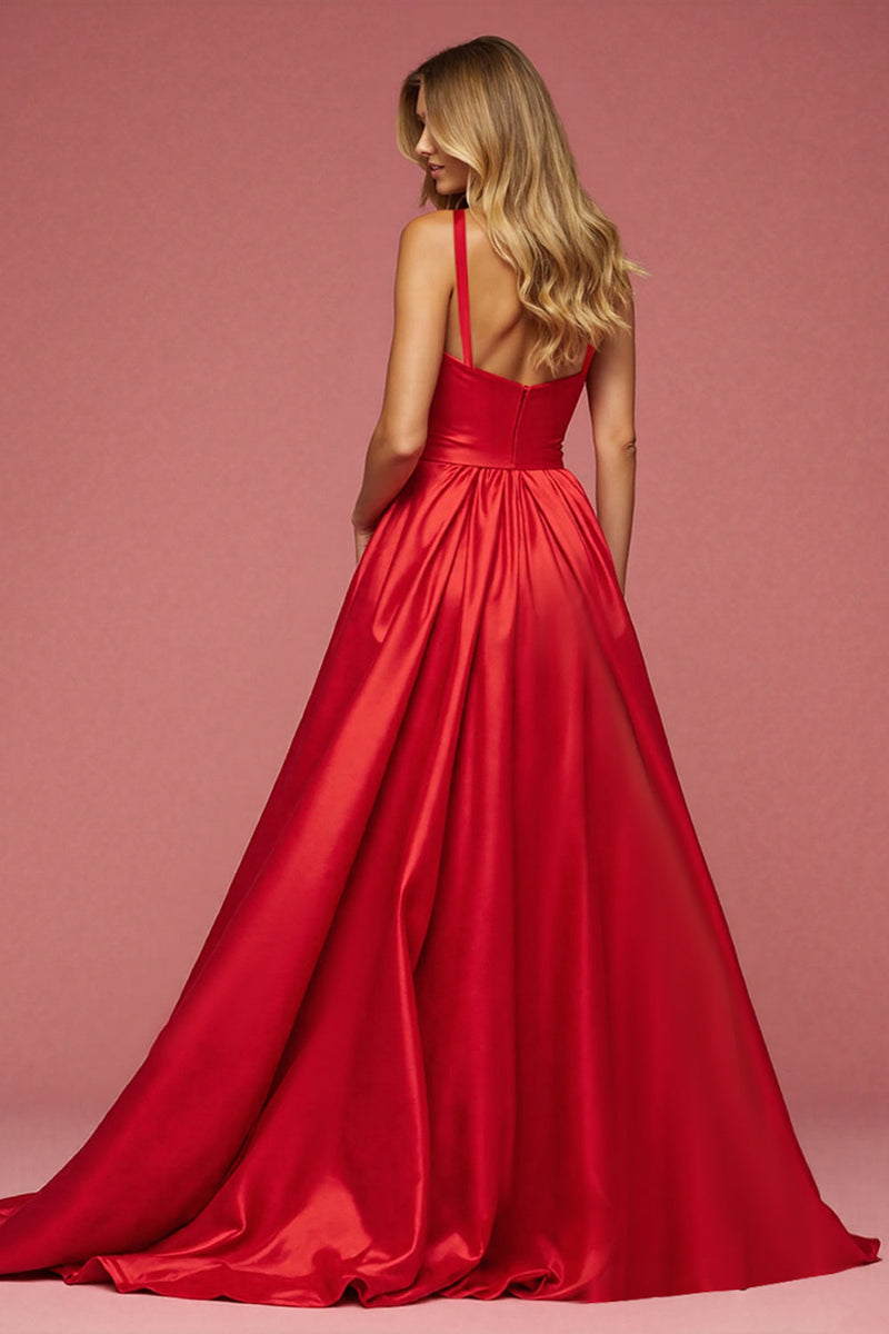 Load image into Gallery viewer, A Line Red Satin Long Prom Dress with Slit