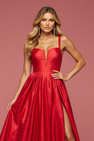 Load image into Gallery viewer, A Line Red Satin Long Prom Dress with Slit