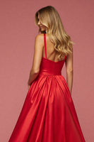 Load image into Gallery viewer, A Line Red Satin Long Prom Dress with Slit