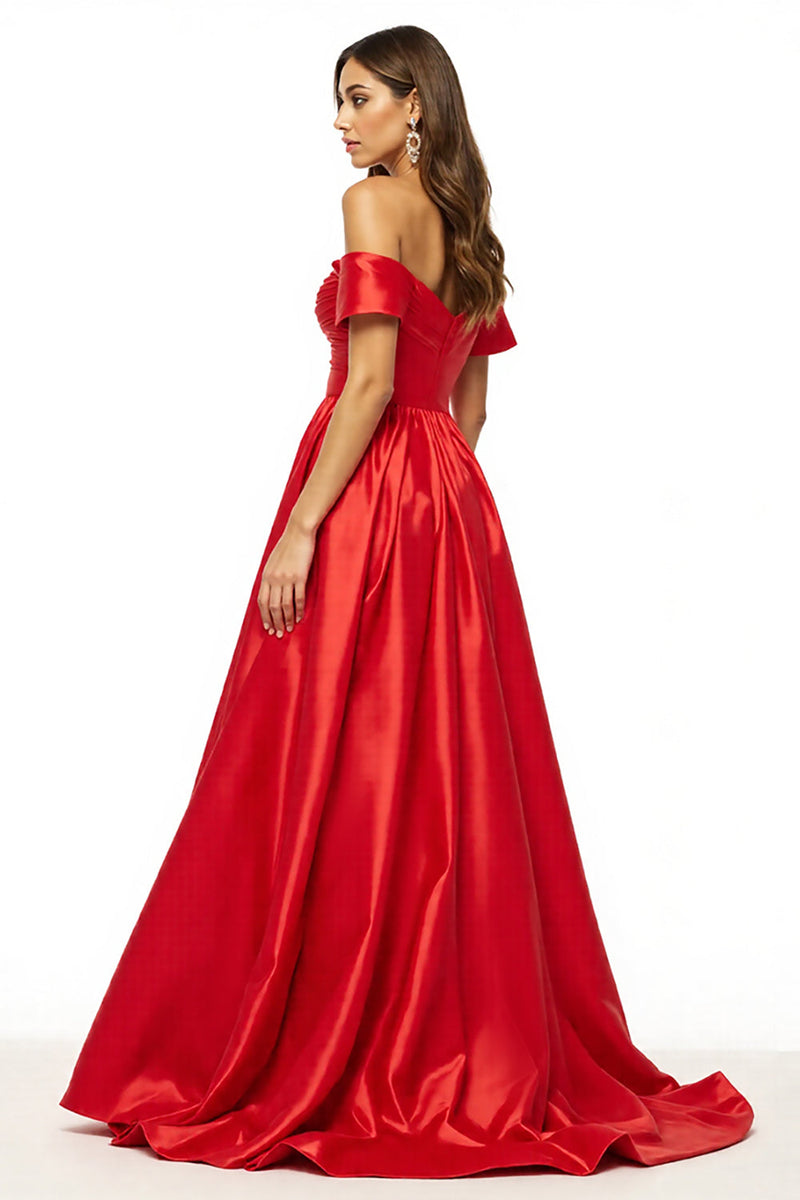 Load image into Gallery viewer, Satin Red Off the Shoulder Long A Line Prom Dress with Slit