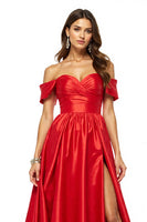 Load image into Gallery viewer, Satin Red Off the Shoulder Long A Line Prom Dress with Slit