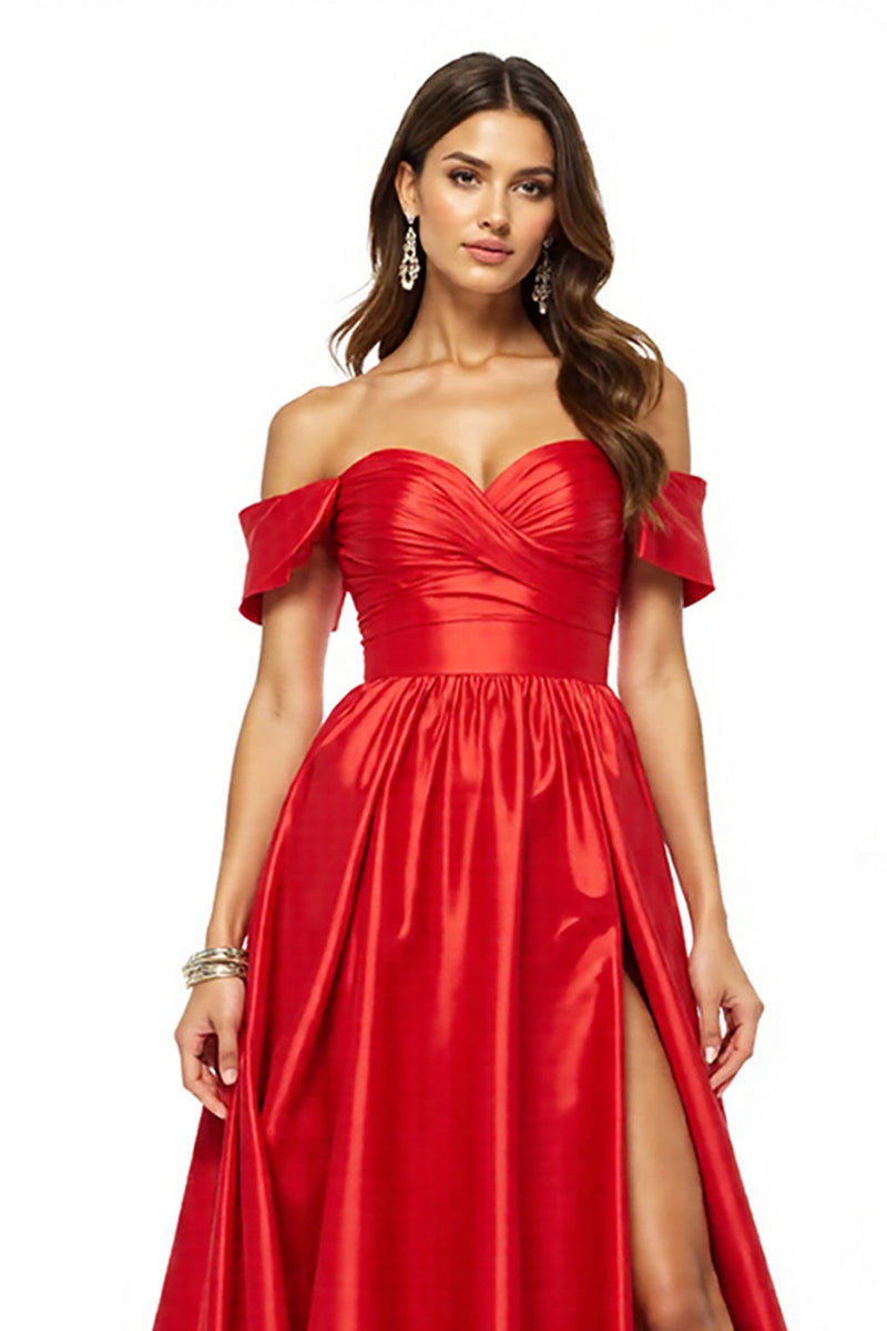 Load image into Gallery viewer, Satin Red Off the Shoulder Long A Line Prom Dress with Slit