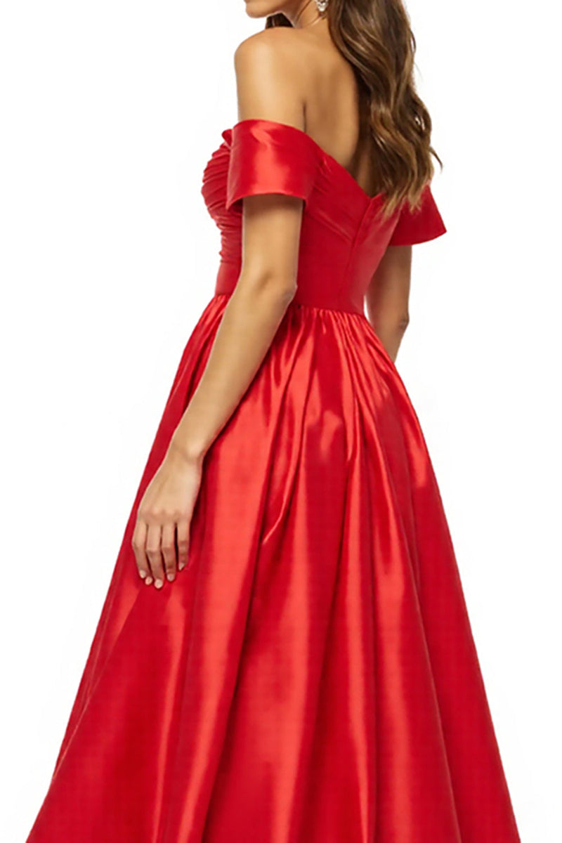 Load image into Gallery viewer, Satin Red Off the Shoulder Long A Line Prom Dress with Slit