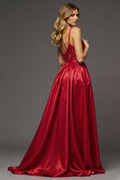 Load image into Gallery viewer, Red A Line Satin Long V-Neck Prom Dress with Slit
