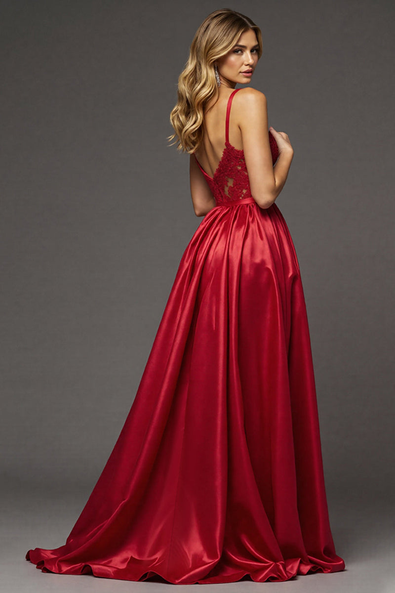 Load image into Gallery viewer, Red A Line Satin Long V-Neck Prom Dress with Slit