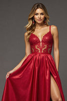 Load image into Gallery viewer, Red A Line Satin Long V-Neck Prom Dress with Slit