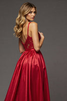 Load image into Gallery viewer, Red A Line Satin Long V-Neck Prom Dress with Slit