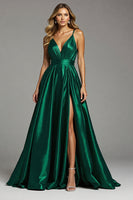 Load image into Gallery viewer, Satin Dark Green A Line Spaghetti Straps Ruched Long Prom Dress with Slit