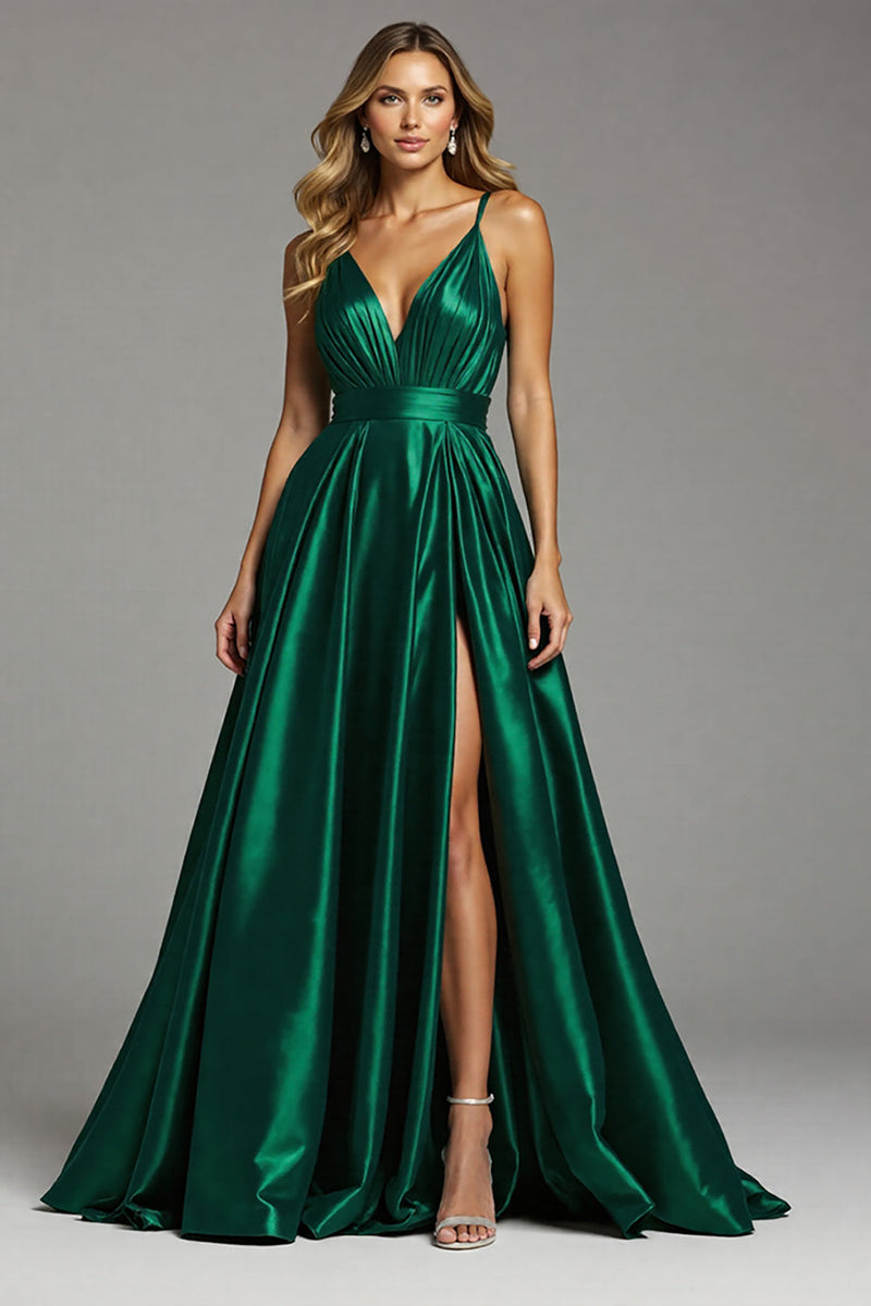 Load image into Gallery viewer, Satin Dark Green A Line Spaghetti Straps Ruched Long Prom Dress with Slit
