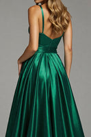 Load image into Gallery viewer, Satin Dark Green A Line Spaghetti Straps Ruched Long Prom Dress with Slit