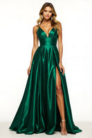 Load image into Gallery viewer, Dark Green A Line V-Neck Long Satin Prom Dress with Slit