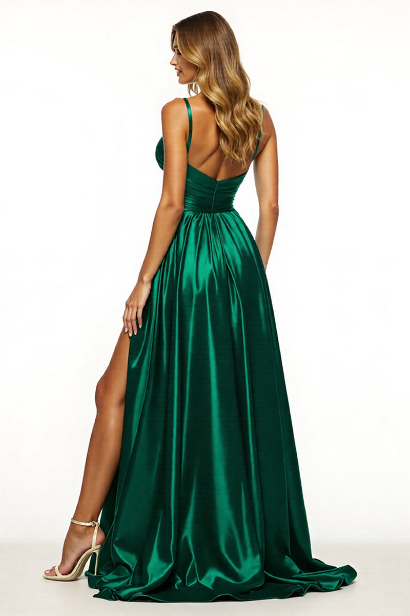 Load image into Gallery viewer, Dark Green A Line V-Neck Long Satin Prom Dress with Slit