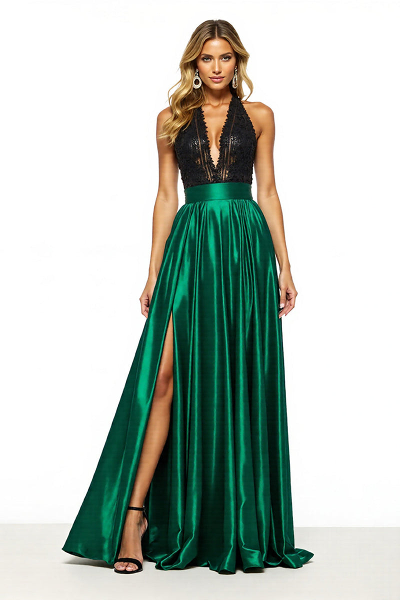 Load image into Gallery viewer, Black Green Satin Halter A Line Long Prom Dress with Slit