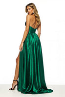 Load image into Gallery viewer, Black Green Satin Halter A Line Long Prom Dress with Slit