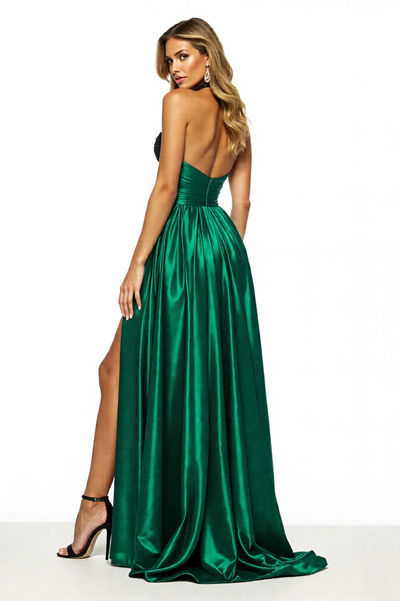 Load image into Gallery viewer, Black Green Satin Halter A Line Long Prom Dress with Slit