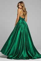 Load image into Gallery viewer, Sparkly Dark Green Deep V-Neck Satin Long Prom Dress with Slit