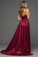 Load image into Gallery viewer, Burgundy A Line V-Neck Long Satin Prom Dress with Slit