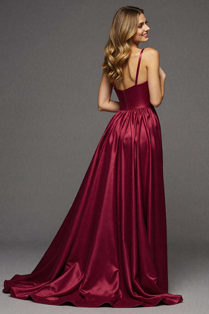 Load image into Gallery viewer, Burgundy A Line V-Neck Long Satin Prom Dress with Slit