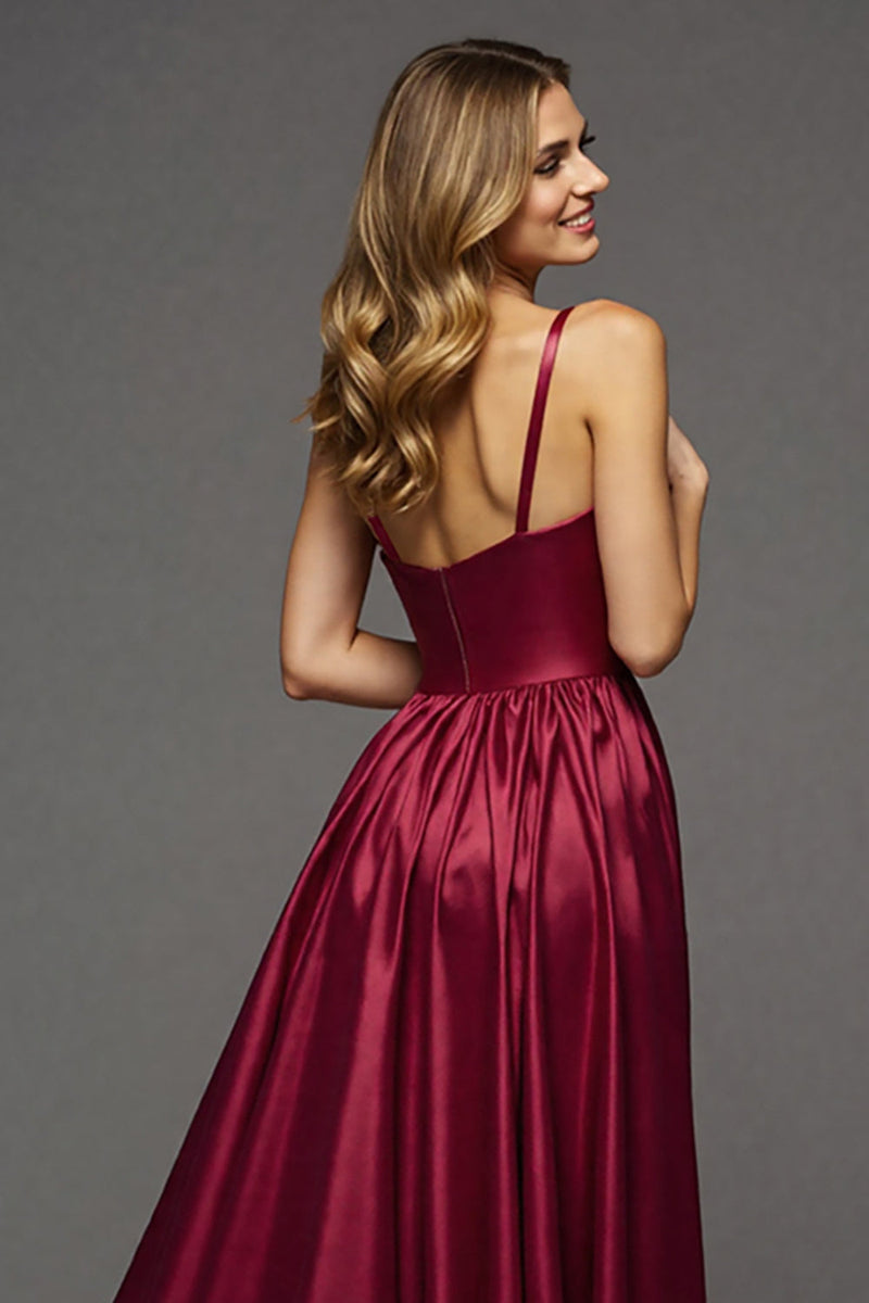 Load image into Gallery viewer, Burgundy A Line V-Neck Long Satin Prom Dress with Slit