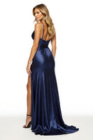Load image into Gallery viewer, Navy Spaghetti Straps Sheath Long Satin Prom Dress with Slit
