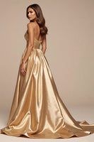 Load image into Gallery viewer, Golden A Line Spaghetti Straps Long Satin Prom Dress with Slit