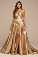 Load image into Gallery viewer, Golden A Line Spaghetti Straps Long Satin Prom Dress with Slit
