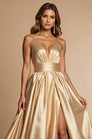 Load image into Gallery viewer, Golden A Line Spaghetti Straps Long Satin Prom Dress with Slit