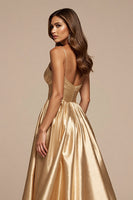 Load image into Gallery viewer, Golden A Line Spaghetti Straps Long Satin Prom Dress with Slit