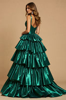 Load image into Gallery viewer, Dark Green A Line Tiered Long Satin Prom Dress