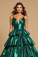 Load image into Gallery viewer, Dark Green A Line Tiered Long Satin Prom Dress