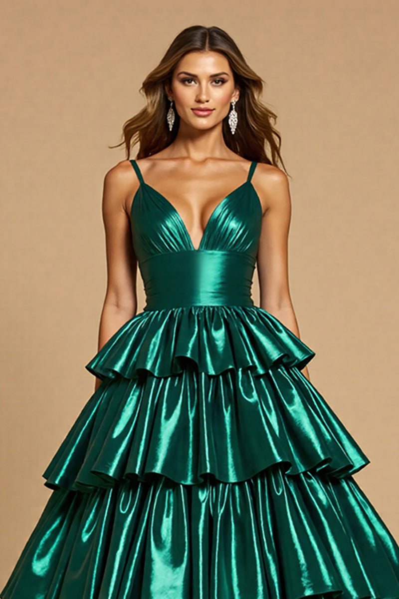 Load image into Gallery viewer, Dark Green A Line Tiered Long Satin Prom Dress