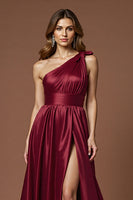 Load image into Gallery viewer, Burgundy A Line One Shoulder Long Satin Prom Dress with Slit