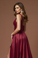 Load image into Gallery viewer, Burgundy A Line One Shoulder Long Satin Prom Dress with Slit