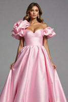 Load image into Gallery viewer, Pink Satin A Line Long Prom Dress with Ruffles