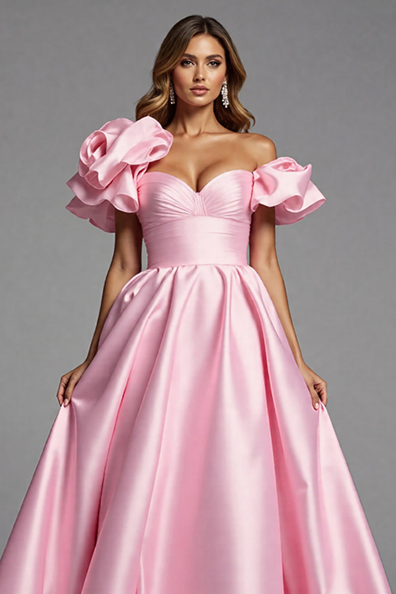 Load image into Gallery viewer, Pink Satin A Line Long Prom Dress with Ruffles