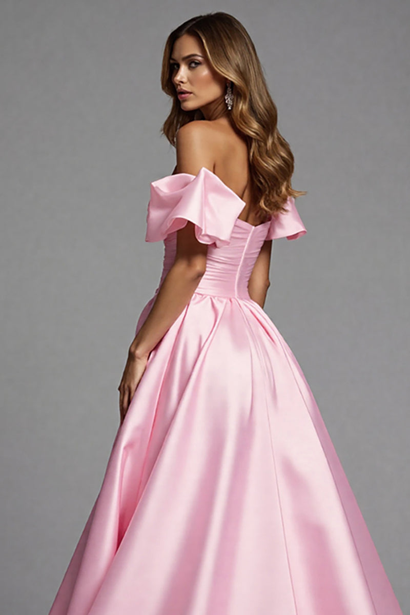 Load image into Gallery viewer, Pink Satin A Line Long Prom Dress with Ruffles