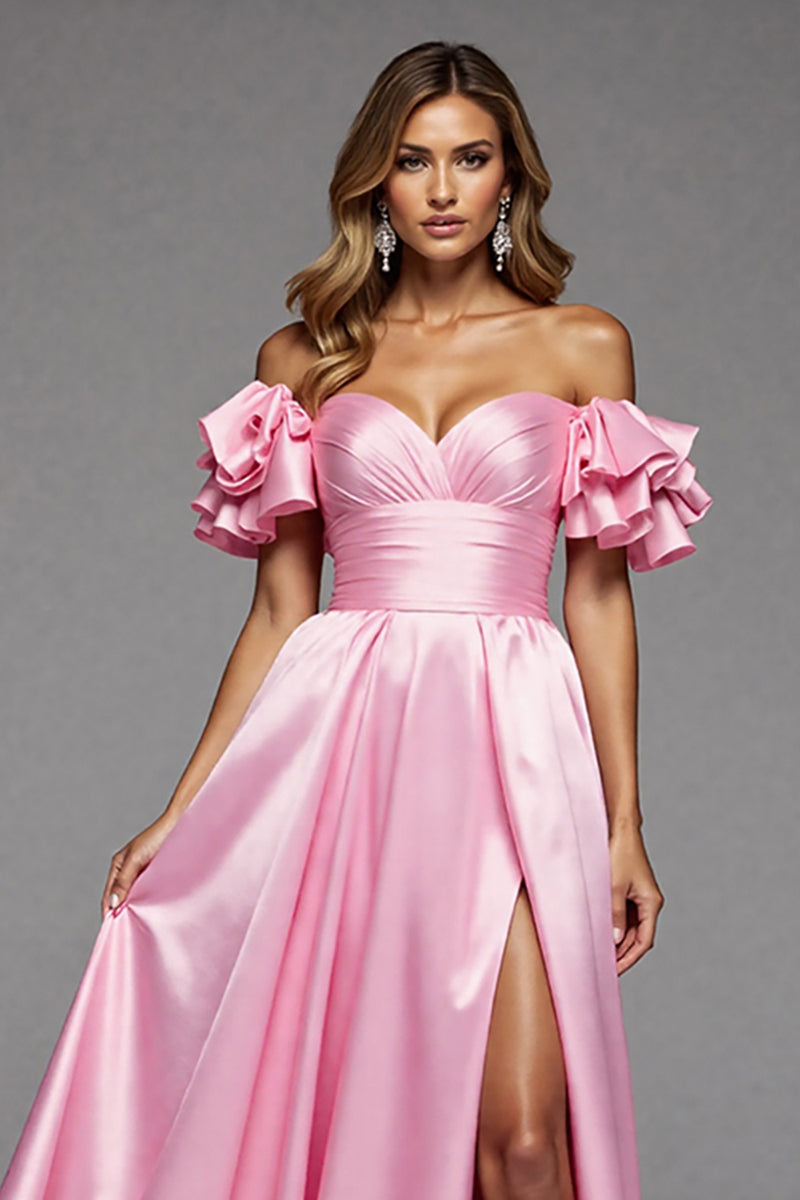 Load image into Gallery viewer, Pink A Line Satin Ruffled Long Prom Dress with Slit