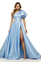 Load image into Gallery viewer, Blue Satin A Line Ruffled Long Prom Dress with Slit