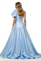 Load image into Gallery viewer, Blue Satin A Line Ruffled Long Prom Dress with Slit
