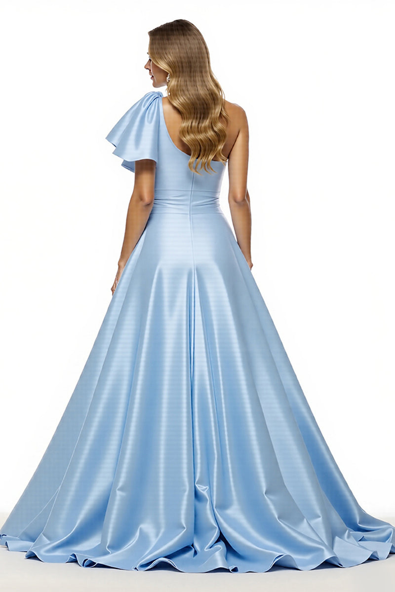 Load image into Gallery viewer, Blue Satin A Line Ruffled Long Prom Dress with Slit