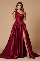 Load image into Gallery viewer, Burgundy A Line Satin One Shoulder Long Prom Dress with Slit