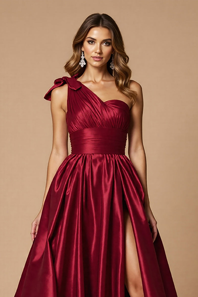 Load image into Gallery viewer, Burgundy A Line Satin One Shoulder Long Prom Dress with Slit