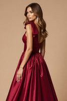Load image into Gallery viewer, Burgundy A Line Satin One Shoulder Long Prom Dress with Slit