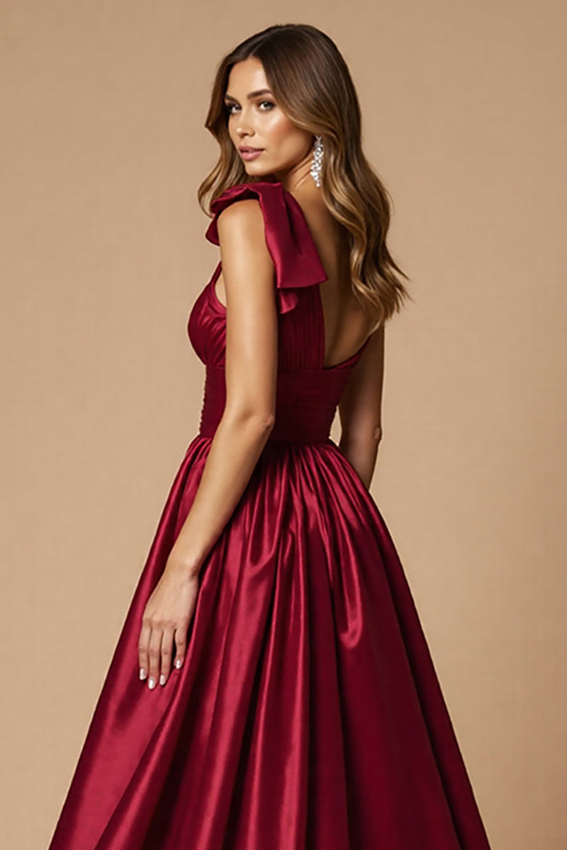 Load image into Gallery viewer, Burgundy A Line Satin One Shoulder Long Prom Dress with Slit