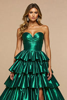 Load image into Gallery viewer, Dark Green A Line Satin Tiered Long Prom Dress with Slit