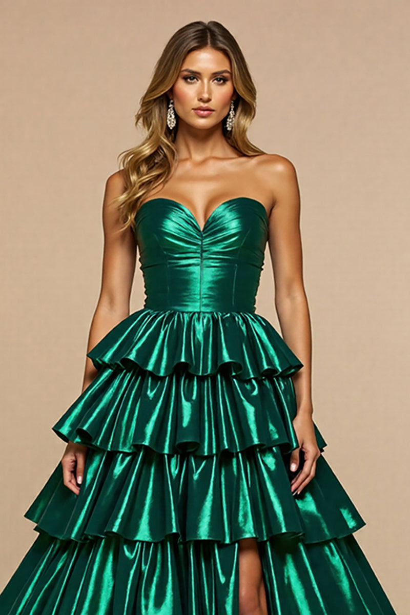Load image into Gallery viewer, Dark Green A Line Satin Tiered Long Prom Dress with Slit
